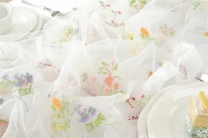 Exquisite white lace table runner with colorful floral embroidery, retro pleated mesh wedding decor cloth.