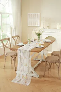 Vintage floral embroidered white lace table runner for wedding dining table decor.