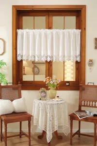 French vintage white embroidered lace short curtain, elegant floral hollow design for kitchen window.