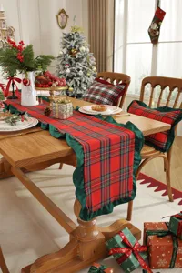Christmas plaid table runner with green ruffled edge, cotton fabric holiday home decor.