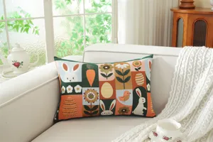 Woven jacquard Easter throw pillow cover with colorful retro holiday block pattern for sofa decor.