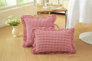 French pastoral red white plaid ruffled throw pillow cover cotton decorative cushion case