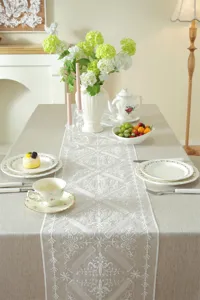 Elegant embroidered lace table runner detail showcasing intricate geometric floral patterns.