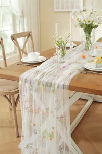 Vintage embroidered lace table runner with colorful floral pattern for wedding dining table decor
