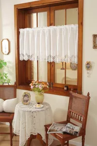 French white embroidered lace cafe curtain for kitchen window and home decor partition.