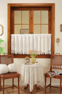 French white embroidered lace short curtain detail, elegant floral hollow design for room decor.