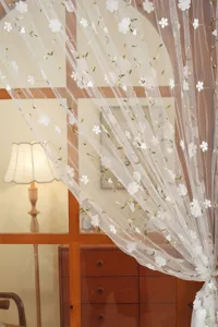 Exquisite French style white lace sheer door curtain with delicate floral embroidery details.