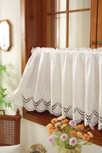 French white embroidered hollow lace short curtain, elegant retro home window tier valance.