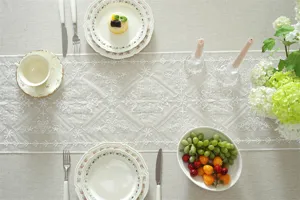 Detailed view of elegant white lace embroidered table runner with geometric floral patterns.