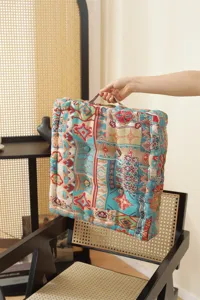 American vintage ethnic style thick square floor cushion with handle for home office decor.