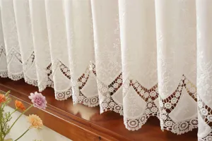 French white embroidered hollow lace short curtain for kitchen window home decor elegance.