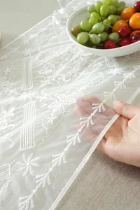 White lace table runner detail, elegant embroidered geometric floral pattern close-up view.