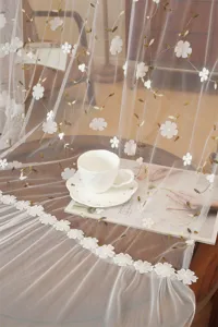 White embroidered lace sheer curtain French style floral door curtain for home decor.