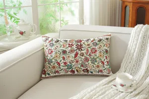 Jacquard floral throw pillow cover detail, vintage botanical design for living room sofa decor.
