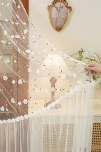 Close-up detail of white sheer lace door curtain with delicate floral embroidery and vintage style.