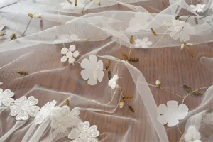 French style embroidered lace fabric sheer curtain with white floral 3d petals and sequins.