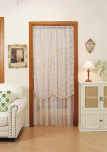 French style embroidered lace door curtain scene display with hanging beads for room decor.