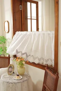 French white embroidered hollow lace short curtain, vintage cafe curtain for kitchen window.