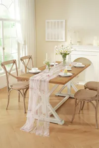 Vintage floral embroidered lace table runner for wedding dining table decoration, mesh fabric.