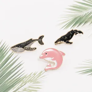 Cute enamel whale and dolphin brooch set cartoon animal lapel pin clothing accessories