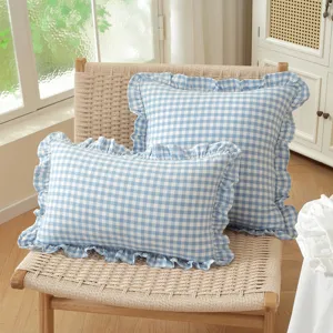 French pastoral blue white checkered throw pillow with ruffles, 100% cotton couch cushion cover.