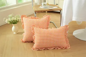 French pastoral orange and white plaid pillow cushion set with ruffle lace, soft cotton fabric.