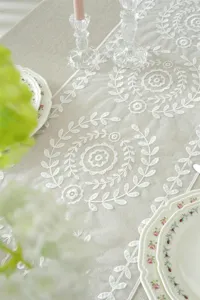 White lace embroidered floral geometric table runner detail for wedding and home decor.