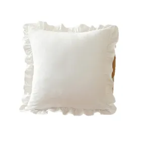 French pastoral style pure cotton white throw pillow cover with delicate ruffled frills.
