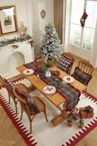Christmas plaid table runner with ruffled edge for dining table holiday home decor.
