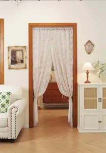 French style embroidered floral lace door curtain detail, elegant sheer partition hanging drape.