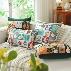 Easter throw pillow covers set, decorative jacquard cushion covers with spring rabbit and floral.