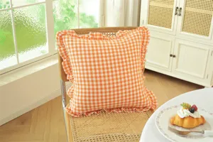 Orange plaid throw pillow with ruffled edge, french country style cotton cushion for sofa.
