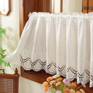 French Style White Hollow Embroidered Lace Short Curtain Country Vintage Kitchen Window Valance