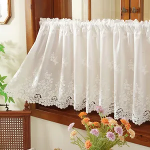 White french embroidered lace tier curtain short window drapery for kitchen and home decor.