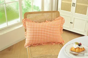 French pastoral orange gingham ruffle throw pillow, cute cotton checkered cushion for sofa bed.