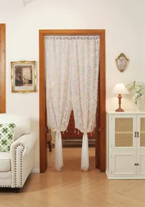French style embroidered sheer door curtain with delicate floral lace and hanging beads.