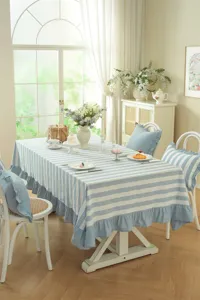 Nappe de table à manger en coton rayé bleu et blanc style campagne française volantée