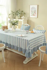 Style pastoral français nappe en coton à rayures bleues et blanches détail scène