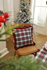 Christmas red green plaid throw pillow with red ruffled edge for holiday home decor sofa