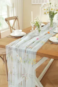 Exquisite lace embroidered table runner with colorful floral details for wedding and home dining decor.