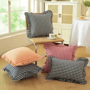 French Country Style Cotton Pillow Cover Ruffled Plaid Solid Color Decorative Throw Pillowcase For Sofa Bed Home Decor