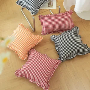 French pastoral checkered throw pillow with cute ruffled edge for sofa bed home decor