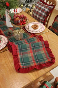 Christmas plaid table runner with red ruffle edge festive cotton holiday home decor 1pc