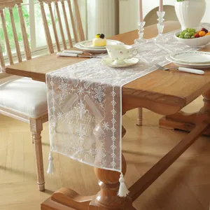 White lace table runner embroidered floral geometric dining table cover wedding decoration