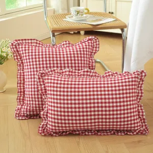 French pastoral red white gingham throw pillow ruffle cotton decorative cushion sofa bed