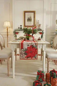 Festlicher Weihnachtstischläufer mit rotem Weihnachtsstern Jacquard Muster für Deko.