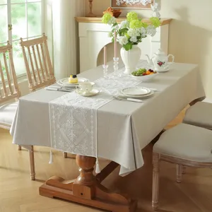 Modern minimalist white lace embroidered floral geometric tassel table runner and tablecloth set