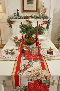 Weihnachts Tischlaeufer festlich Weihnachtsstern rot weiss Jacquard Stoff Deko