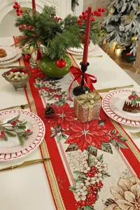 Weihnachtstischläufer Detail mit rot grünem Weihnachtsstern Jacquard festliche Deko.