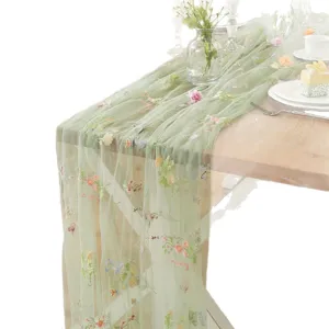 Vintage green embroidered table runner sheer tulle lace table cloth for wedding party decor